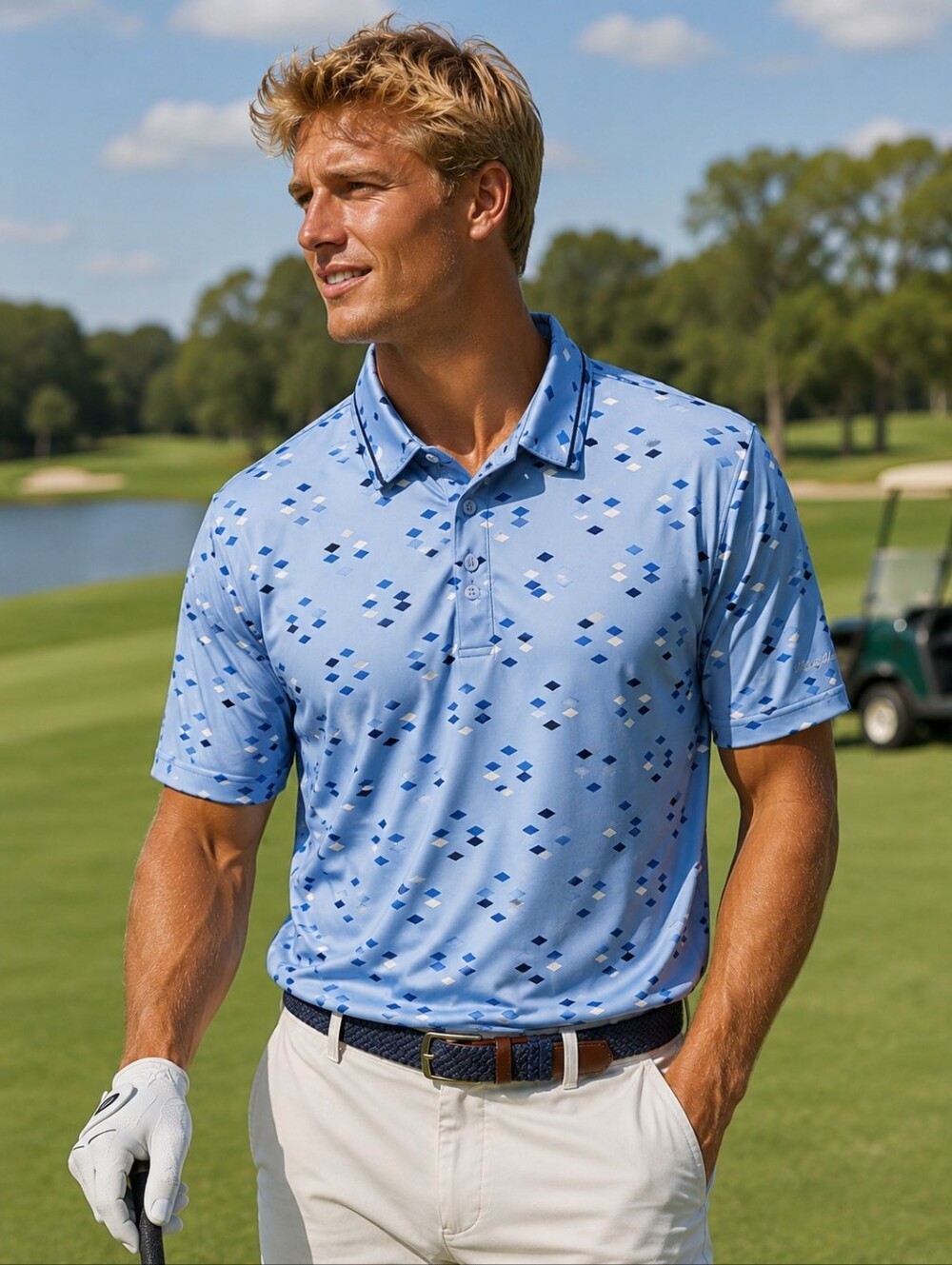 WALTER HAGEN Golf Polo Mens Large Blue Geometric Performance Golfcore Preppy